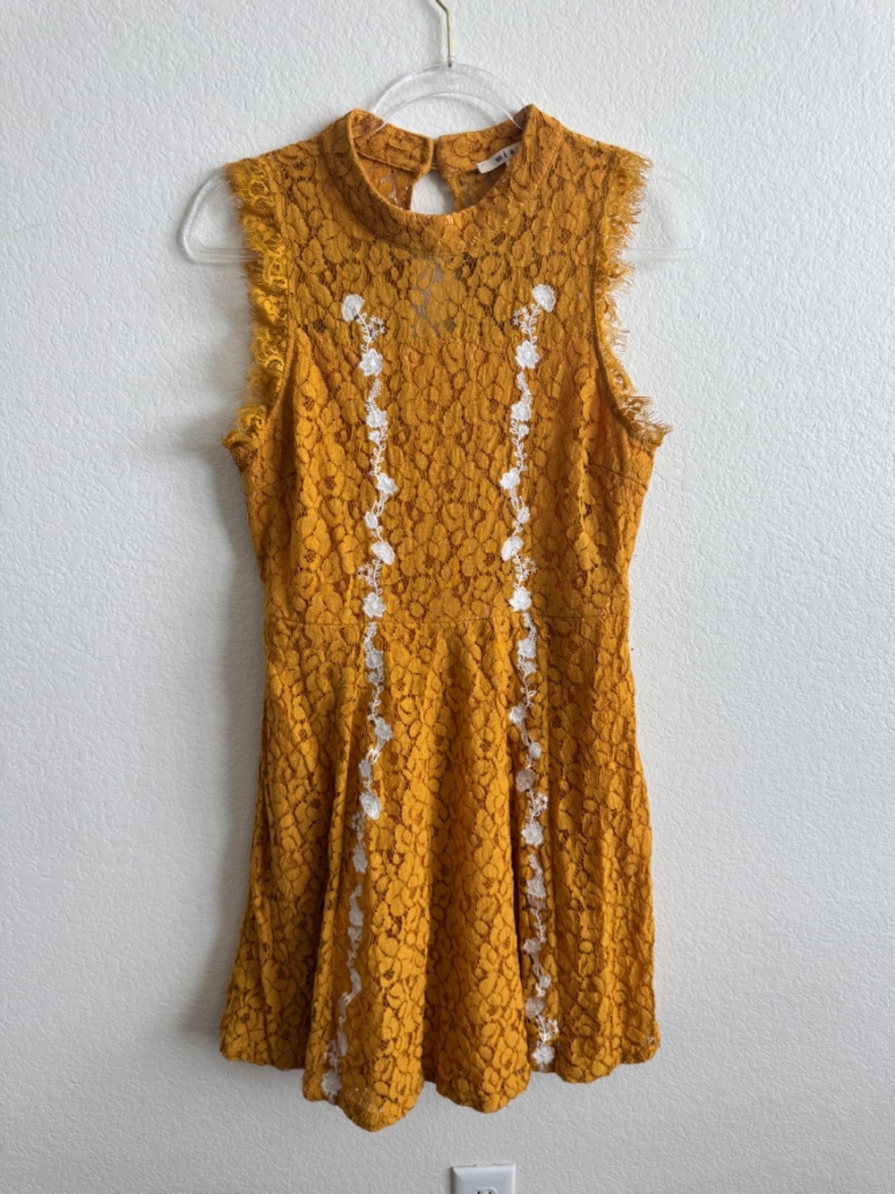 Mustard Yellow Lace Fit & Flare Dress with Floral Embroidery Size L